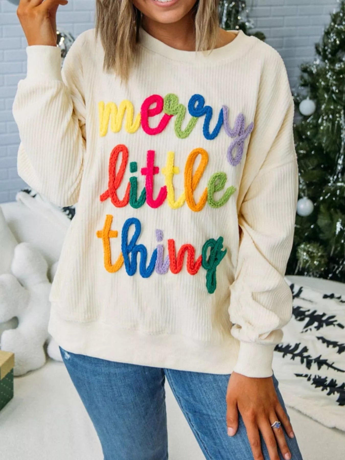 Sarah Express Women's Merry Little Thing Corded Letter Graphic Ribbed Sweatshirt