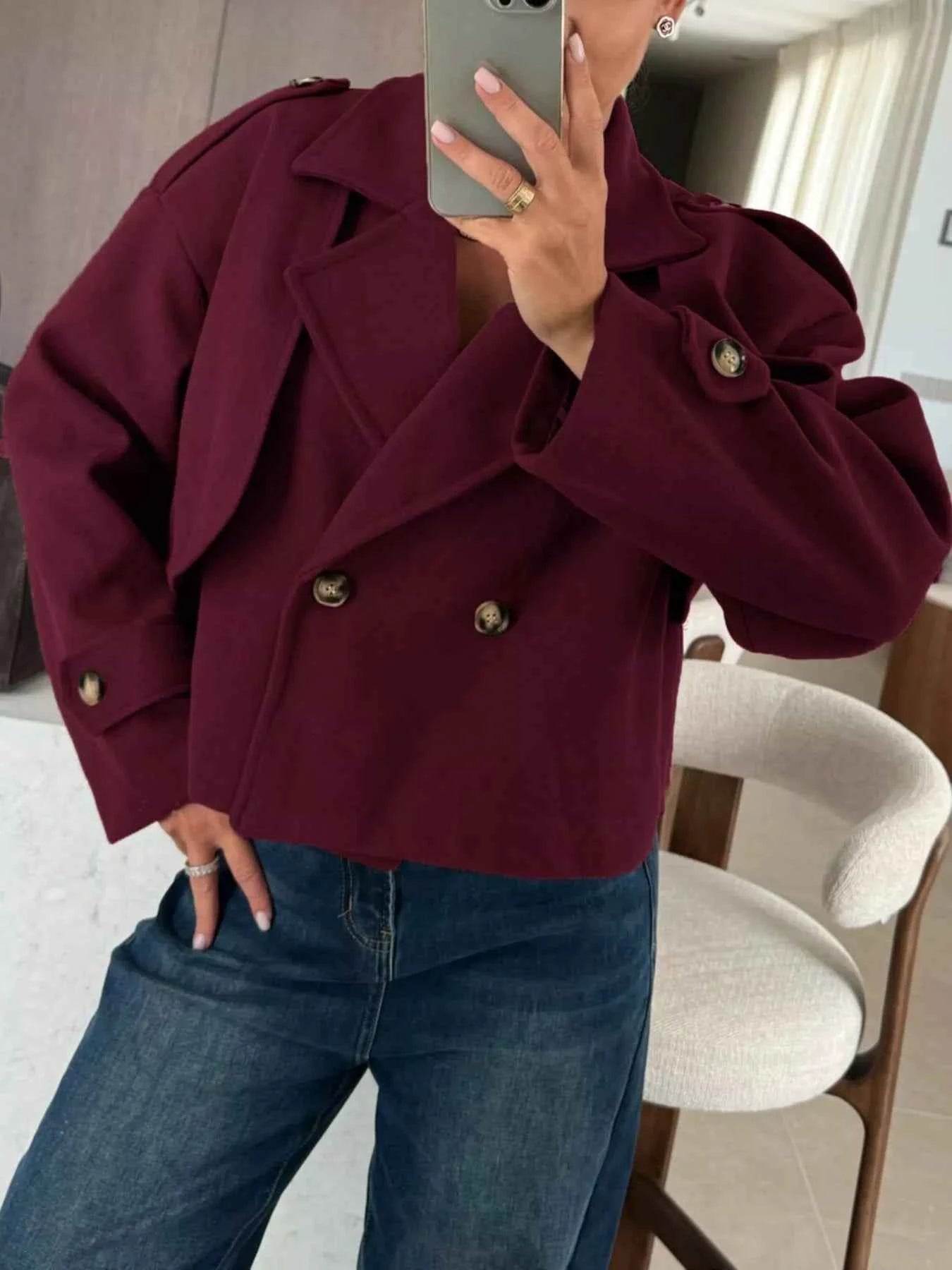 Sarah Express Women's Double-Breasted Cropped Blazer Jacket Wine Red