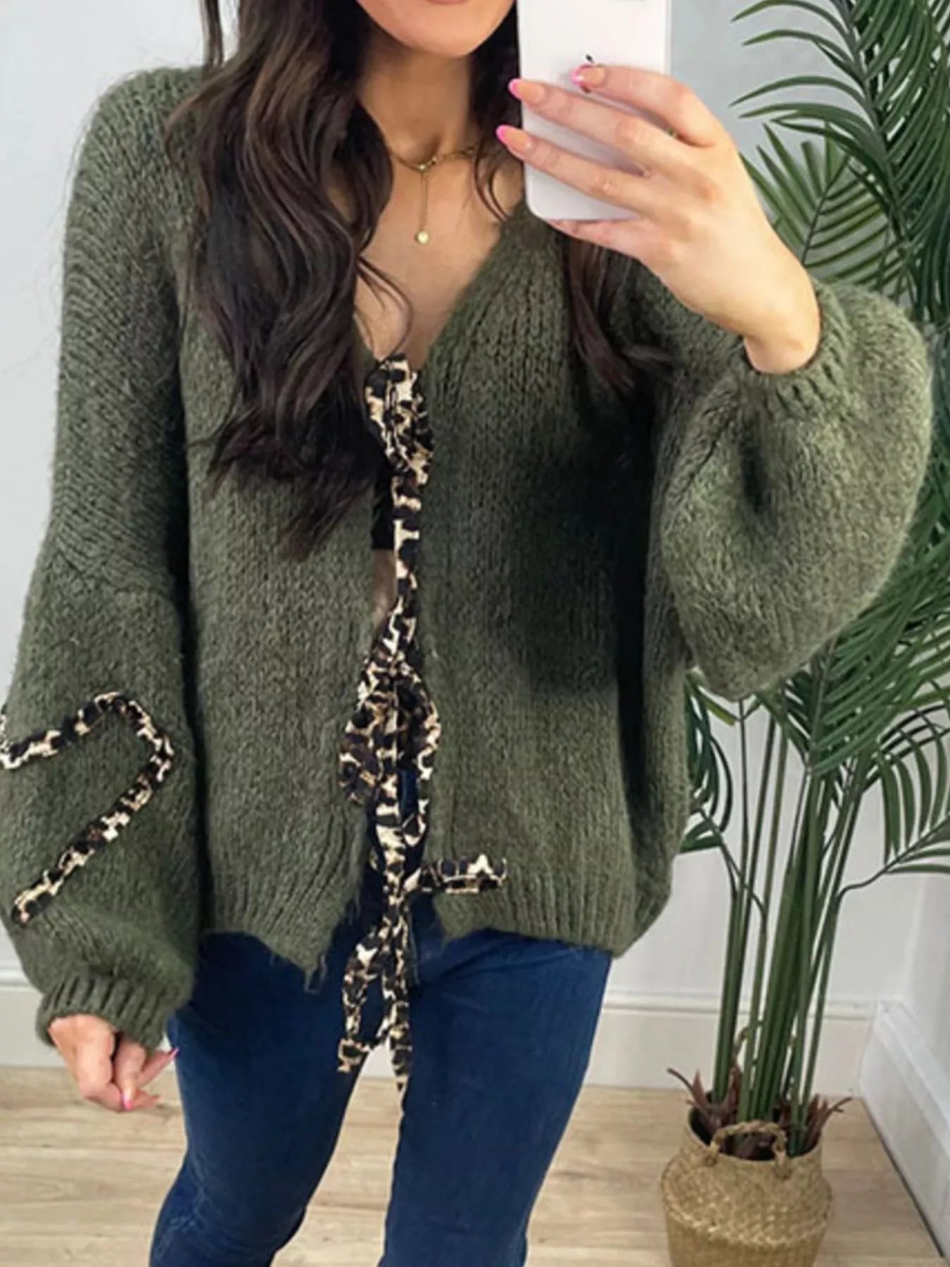 Sarah Express Women's Tie Front Long Sleeve Sweater Military Green