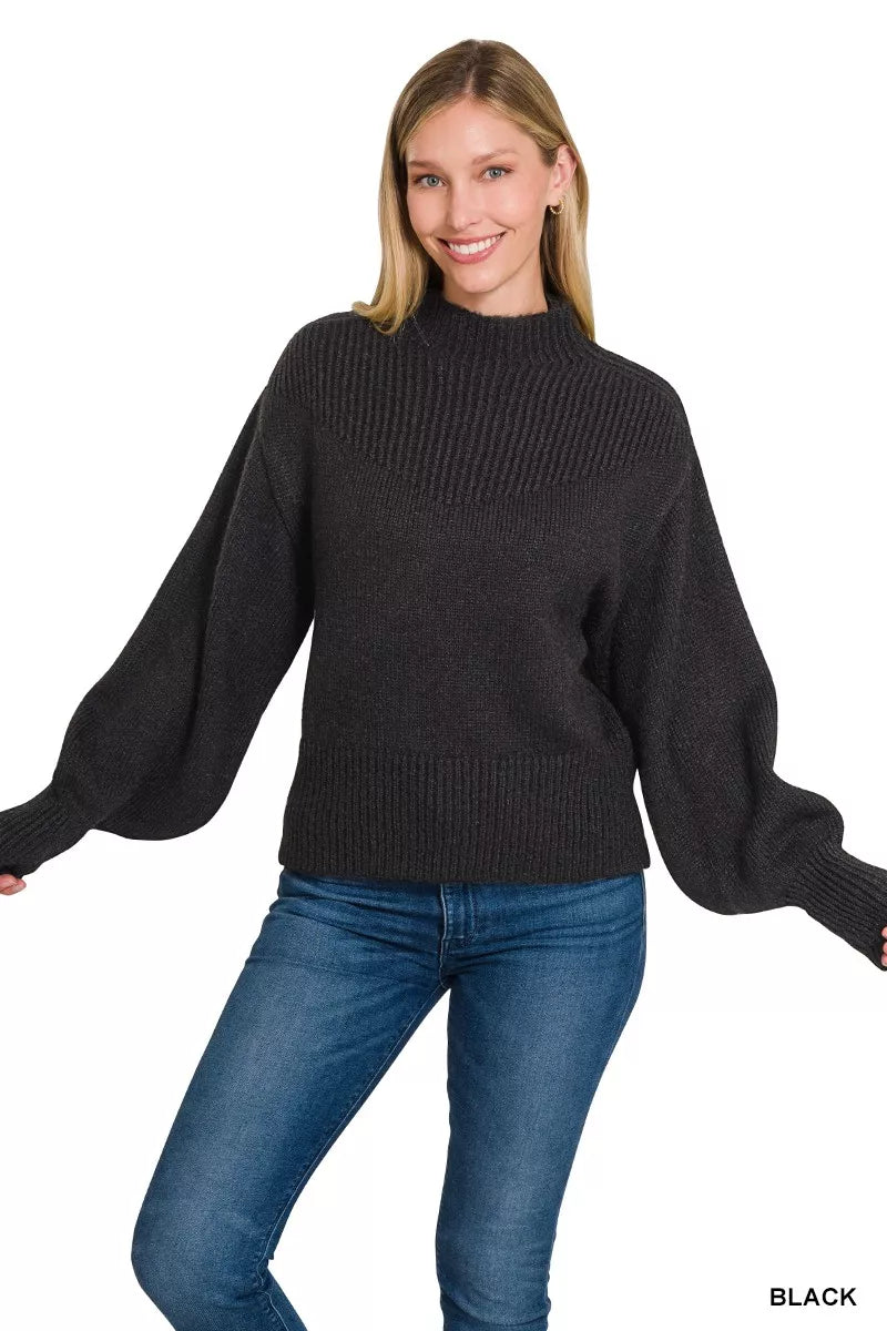 Sarah Express Women's Balloon Sleeve Mock Neck Sweater - Trendy Cozy Knitwear