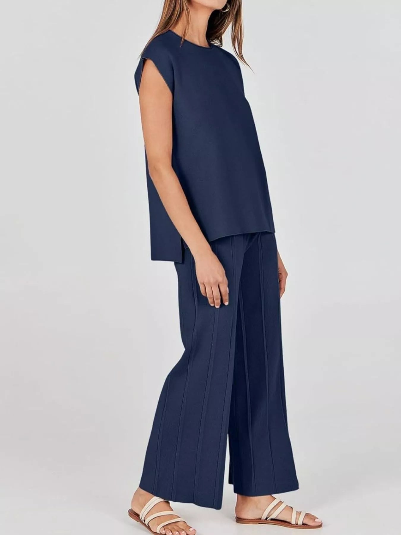 Sarah Express Women's Casual Solid Color Cap Sleeve Top and Pants Knit Set