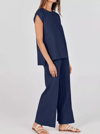 Sarah Express Women's Casual Solid Color Cap Sleeve Top and Pants Knit Set