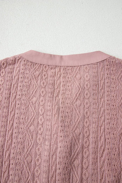 Sarah Express Women's Textured Embroidered Half Button Blouse Short Sleeve