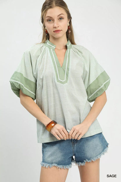 Sarah Express Women's Striped V-Neck Puff Sleeve Blouse SAGE