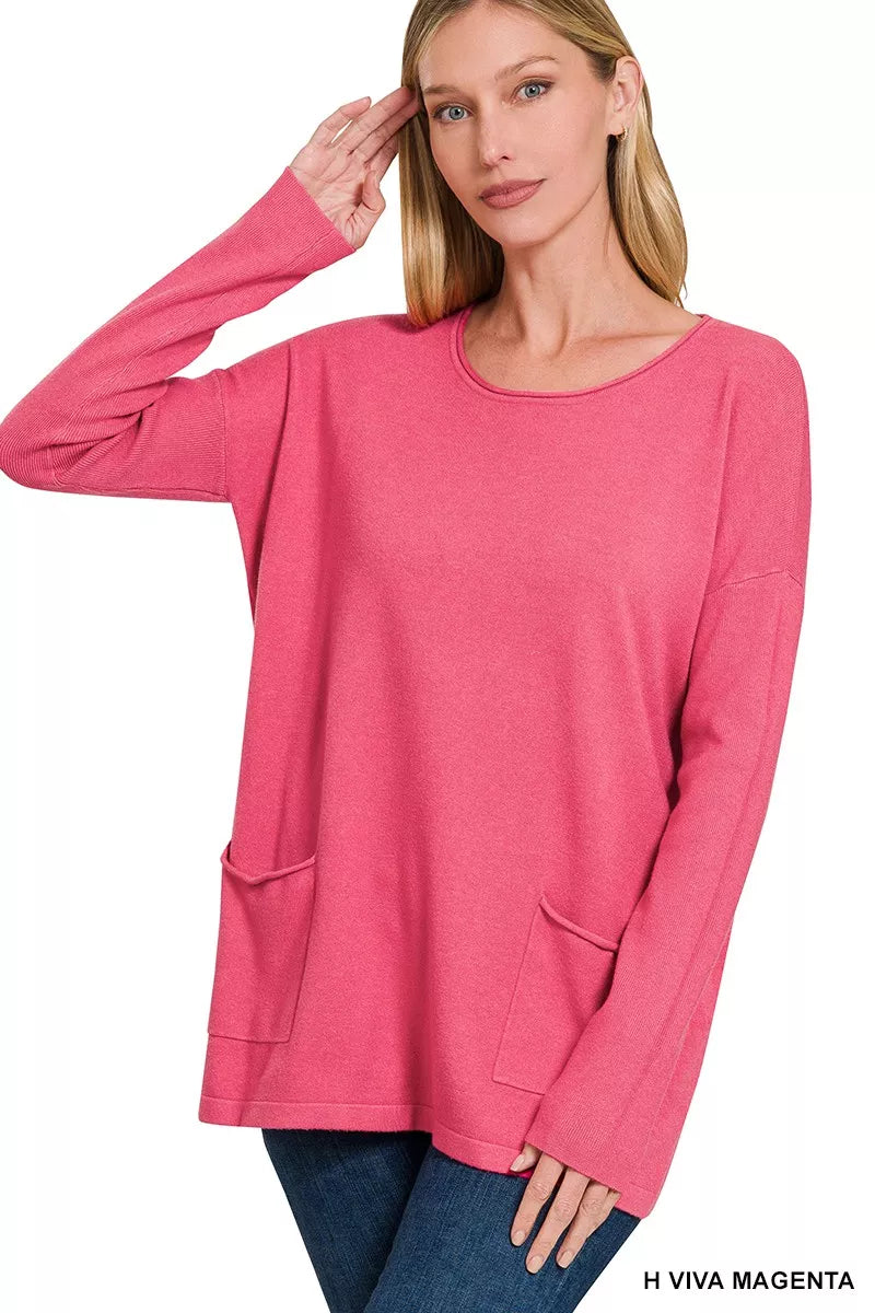 Sarah Express Women's Viscose Long Sleeve Front Pockets Sweater H VIVA MAGENTA