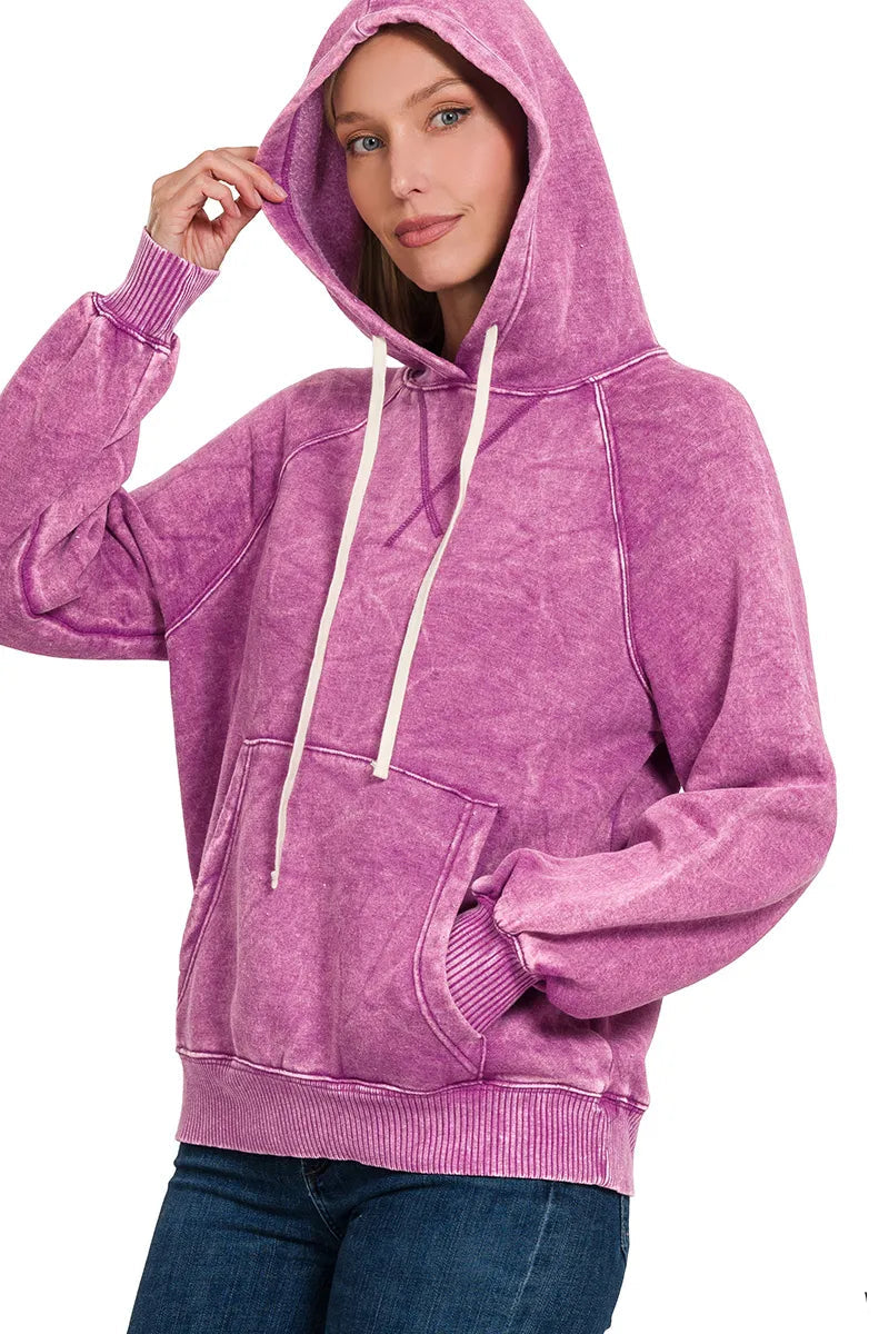 Sarah Express Women's Acid Wash Fleece Hoodie | Kangaroo Pocket | Cotton Blend | S-L