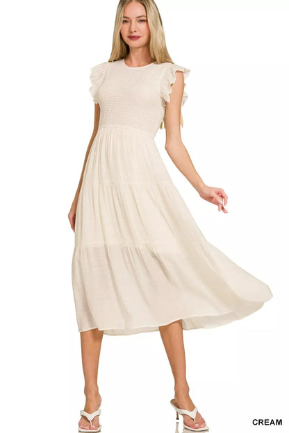 Sarah Express Women's Woven Smocked Ruffle Sleeve Midi Dress CREAM