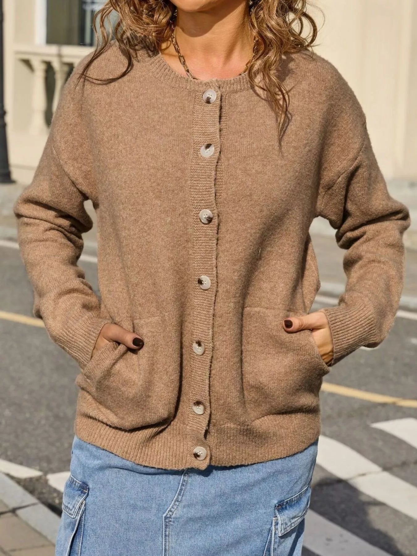 Sarah Express Women's Casual Button-Down Knit Cardigan - Cozy Acrylic Sweater with Pockets