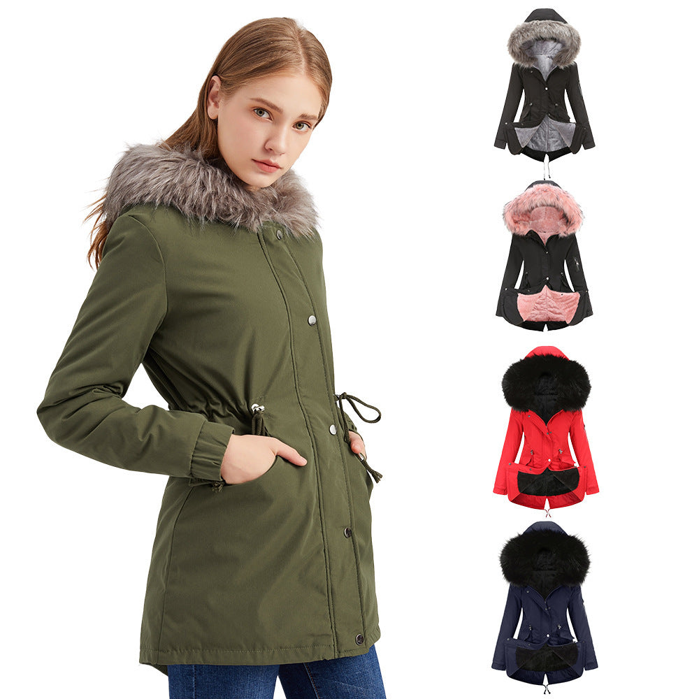 Sarah Express Women's Mid-Length Cotton Padded Hooded Parka Coat Loose Fit Winter Jacket