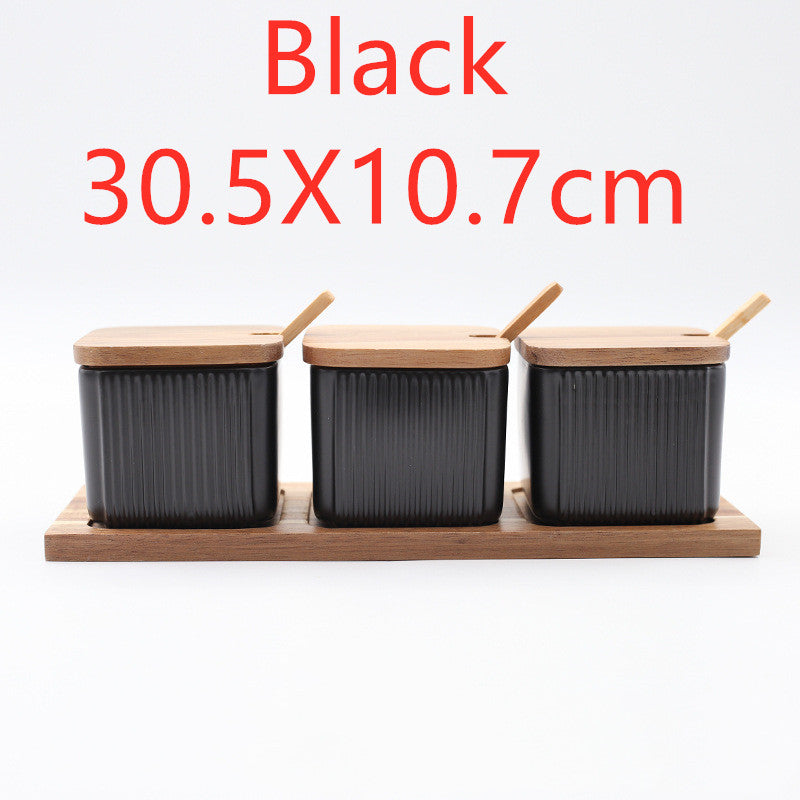 Sarah Express Ceramic Seasoning Jar Set with Wooden Lid - Kitchen Spice Storage Organizer Q3pcs Black30.5X10.7cm