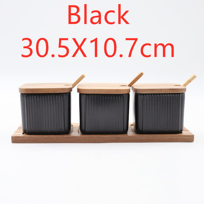 Sarah Express Ceramic Seasoning Jar Set with Wooden Lid - Kitchen Spice Storage Organizer Q3pcs Black30.5X10.7cm