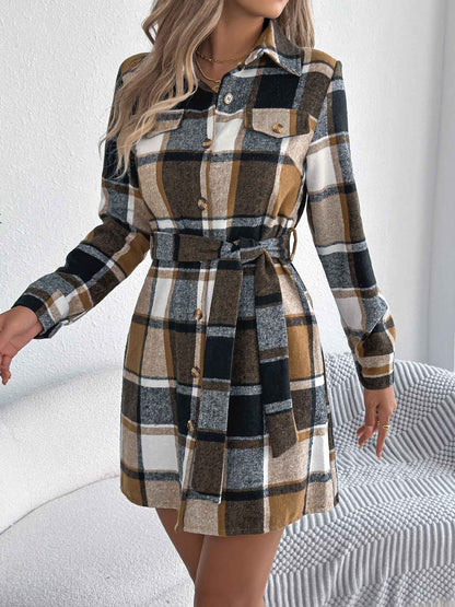 Sarah Express Women's Color-Blocked Plaid Tweed Shirt Dress with Tie Waist