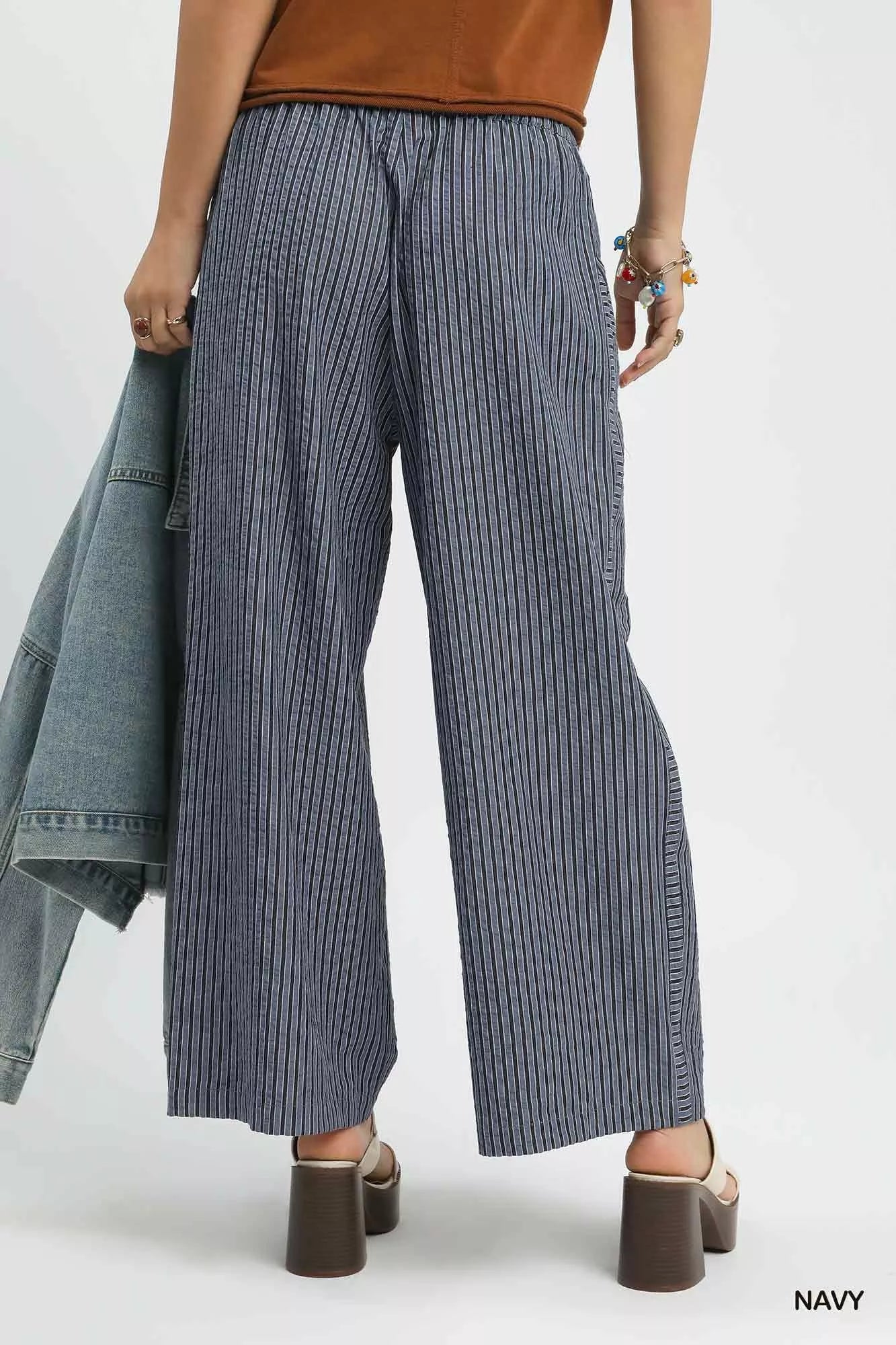 Sarah Express Women's Drawstring Striped Wide-Leg Pants