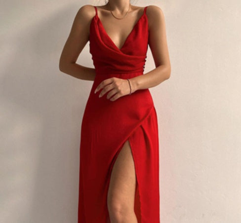 Women's V-Neck Slit Maxi Dress Sling Strap Sleeveless Summer Irregular Hem Polyester Dress