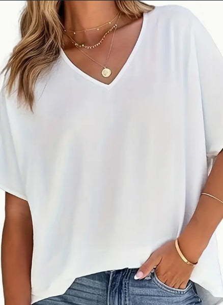 Sarah Express Women's Solid V-Neck Short Sleeve Blouse Casual Polyester Top