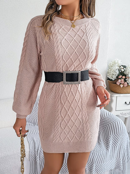 Sarah Express Women's Cable Knit Sweater Dress with Cinched Waist & Lantern Sleeves Pink