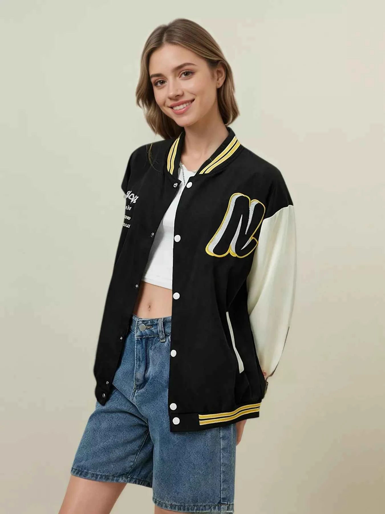 Sarah Express Women's Plus Size Color Block Snap Button Jacket - Contrast Sleeve Outerwear Black