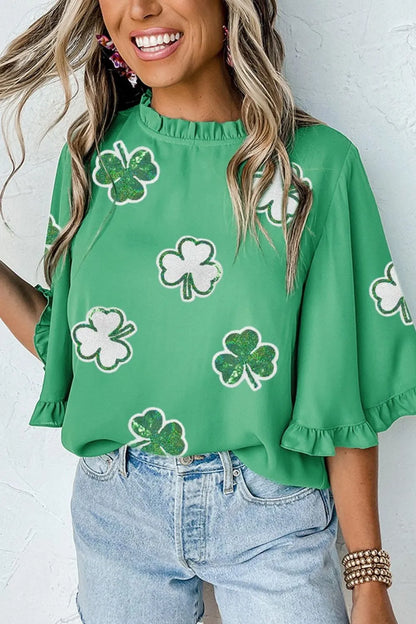 Sarah Express Women's Sequin Clover Graphic Bell Sleeve Blouse - St Patrick's Day Top