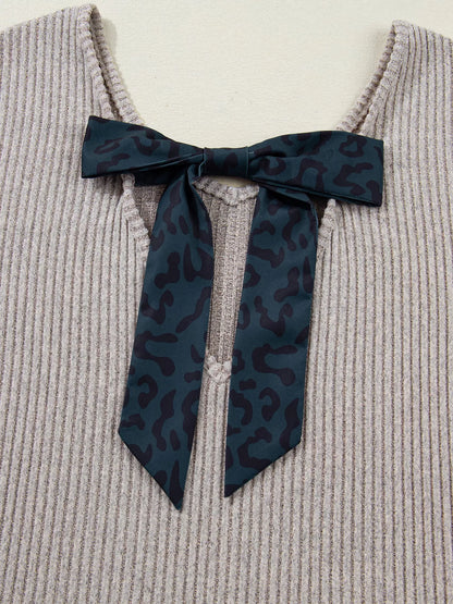 Sarah Express Women's Ribbed V Neck Bow Back Drop Shoulder Long Sleeve Top