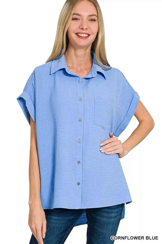 Sarah Express Women's Woven Airflow Button Down Shirt - Lightweight Breathable Blouse CORNFLOWER BLUE