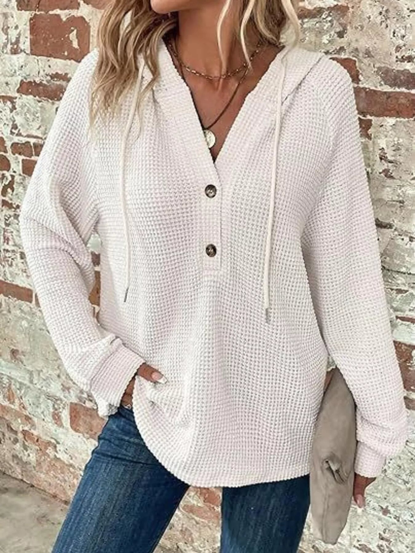 Sarah Express Women's Button Detail Waffle Knit Hoodie - Plus Size Drawstring Pullover with Pockets White