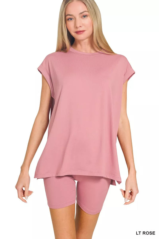 Sarah Express Women's Brushed Microfiber Top & Biker Shorts Set LT ROSE