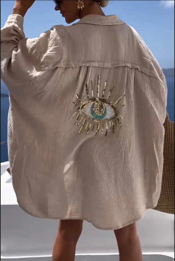 Sarah Express Sequin Beaded Beach Cardigan Shirt Long Sleeve Loose Fit
