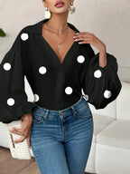 Sarah Express Women's Polka Dot Balloon Sleeve Blouse - Oversized Button-Up Top
