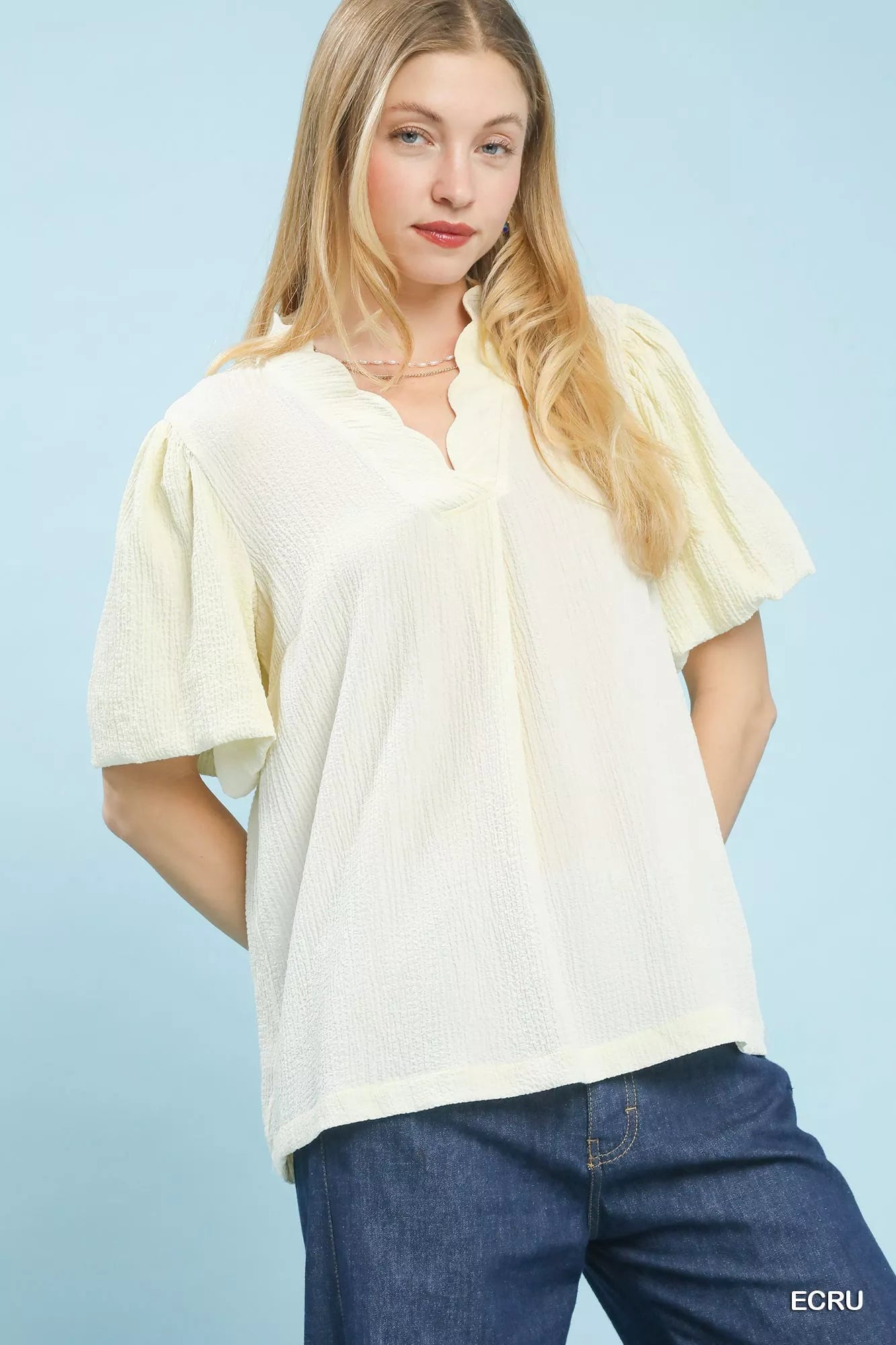 Sarah Express Women's Seersucker Puff Sleeve Blouse V-Neck Pleated Top ECRU