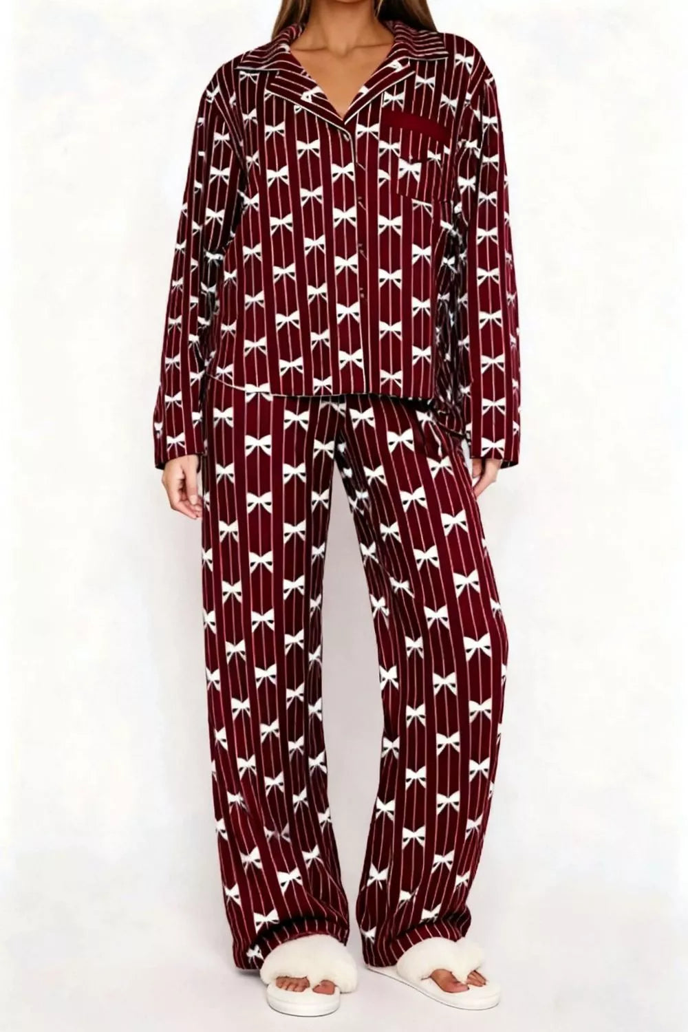 Sarah Express Women's Bow Print Lounge Set - Button-Up Top and Wide Leg Pants