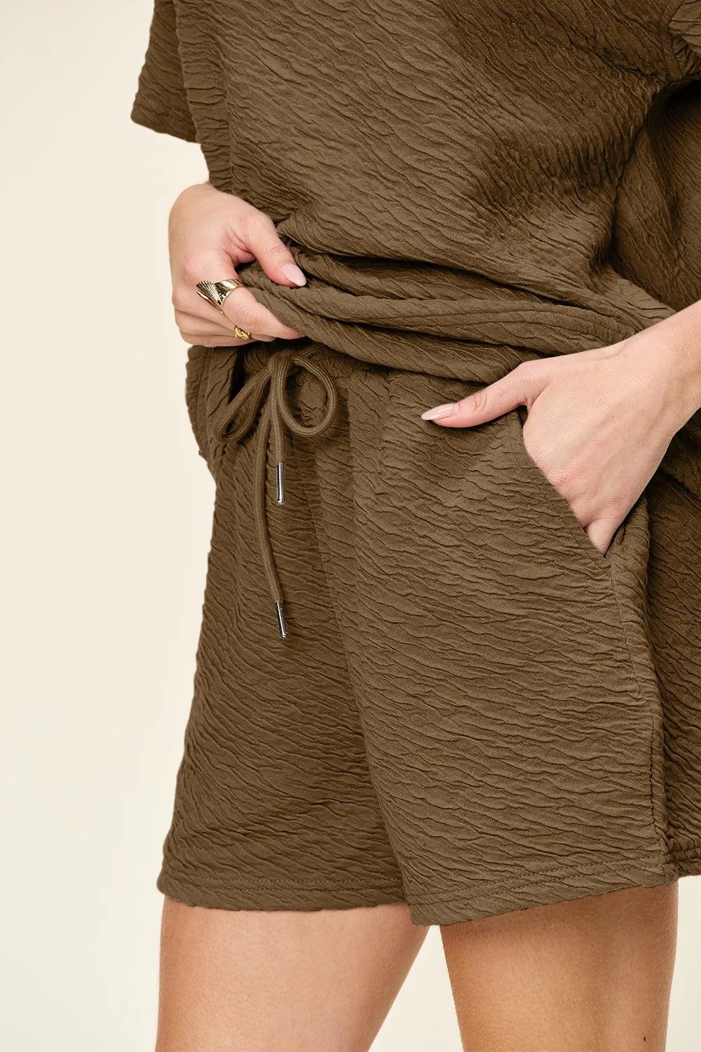 Sarah Express Women's Textured Short Sleeve T-Shirt and Drawstring Shorts Set