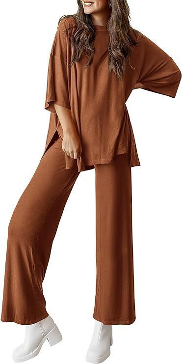 Sarah Express Two Piece Pullover Top Wide Leg Pants Set Polyester