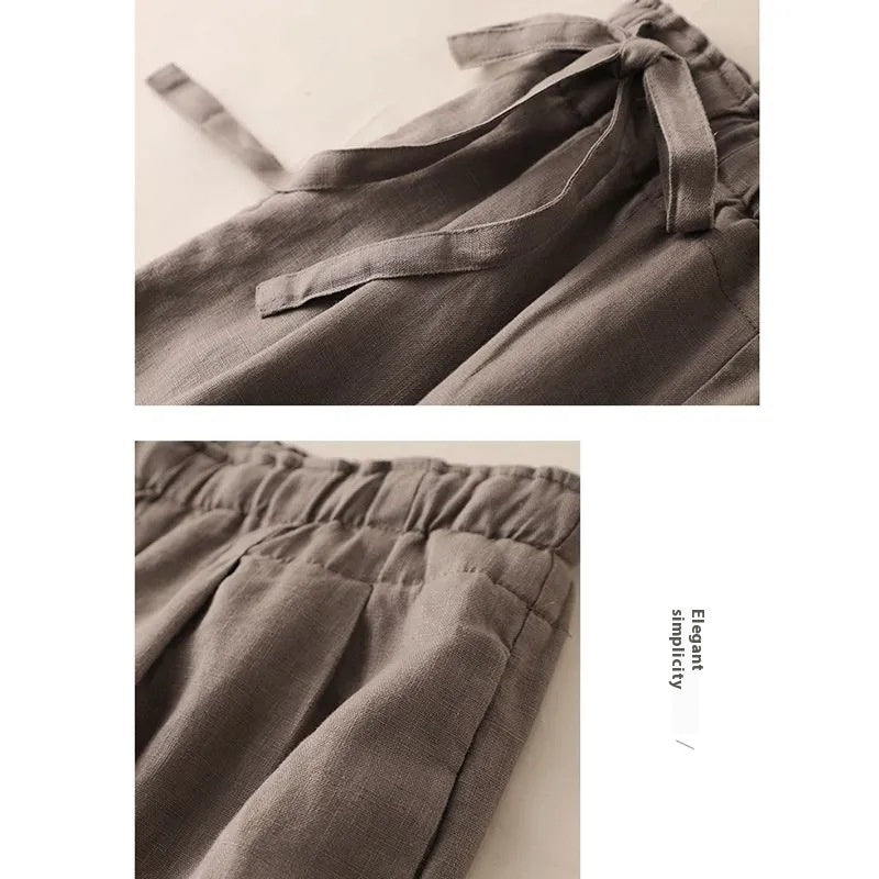Sarah Express High Waist Lace-Up Cropped Pants Women's Elastic Waist Retro Cotton Casual Bottoms