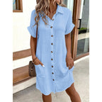 Sarah Express V-Neck Button Front Shirt Dress - A-Line Short Sleeve Women's Dress