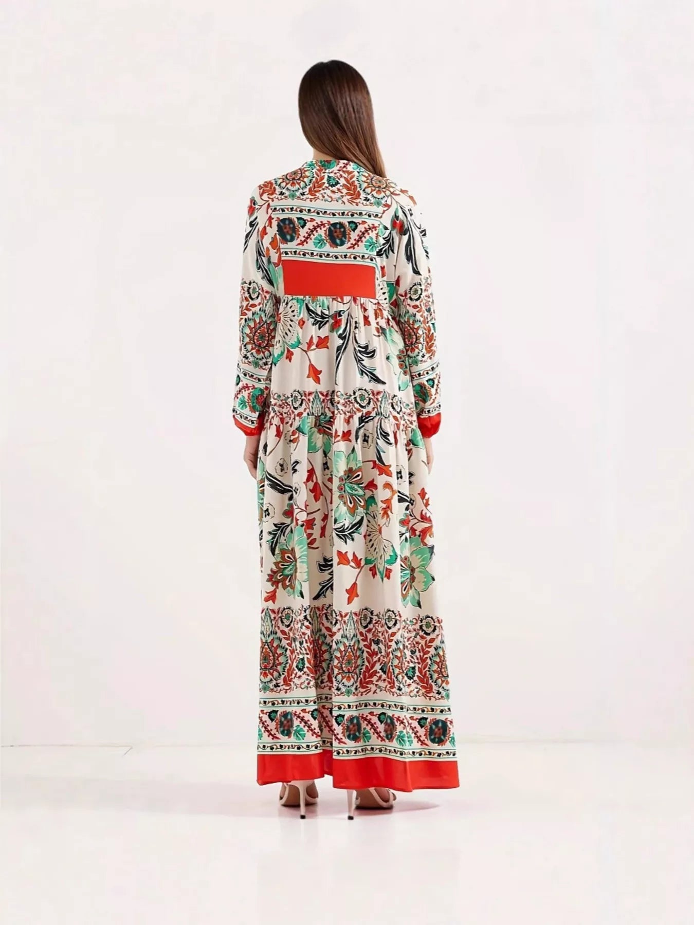 Sarah Express Women's Printed Notched Long Sleeve Maxi Dress