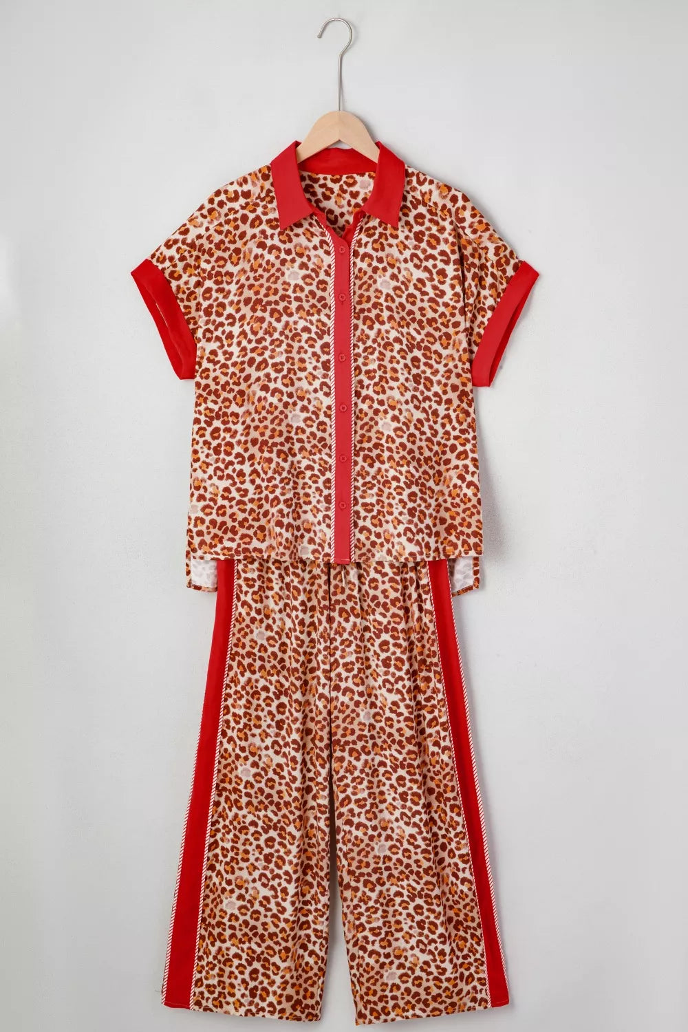 Sarah Express Women's Leopard Print Two Piece Set - Button Front Top & Pants