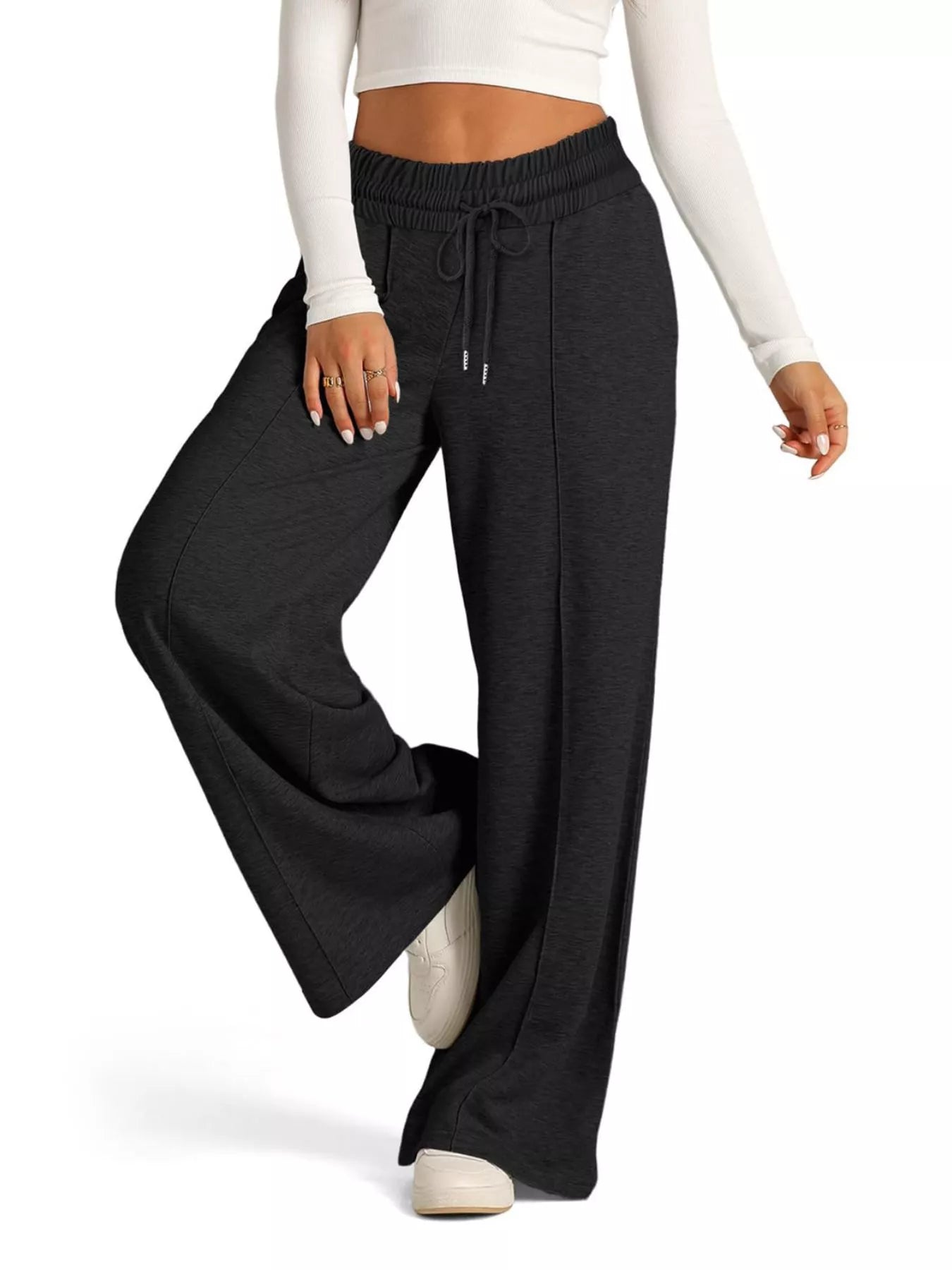 Sarah Express Women's Wide Leg Drawstring Pants - High Waist Palazzo Pants with Pockets Black