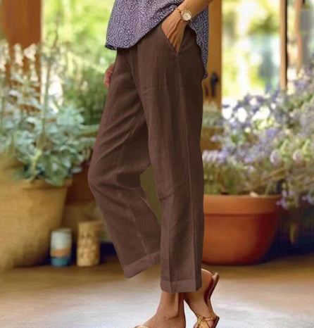 Sarah Express Women's Cotton Straight Leg Pants - Casual Mid-Waist Loose Fit Trousers