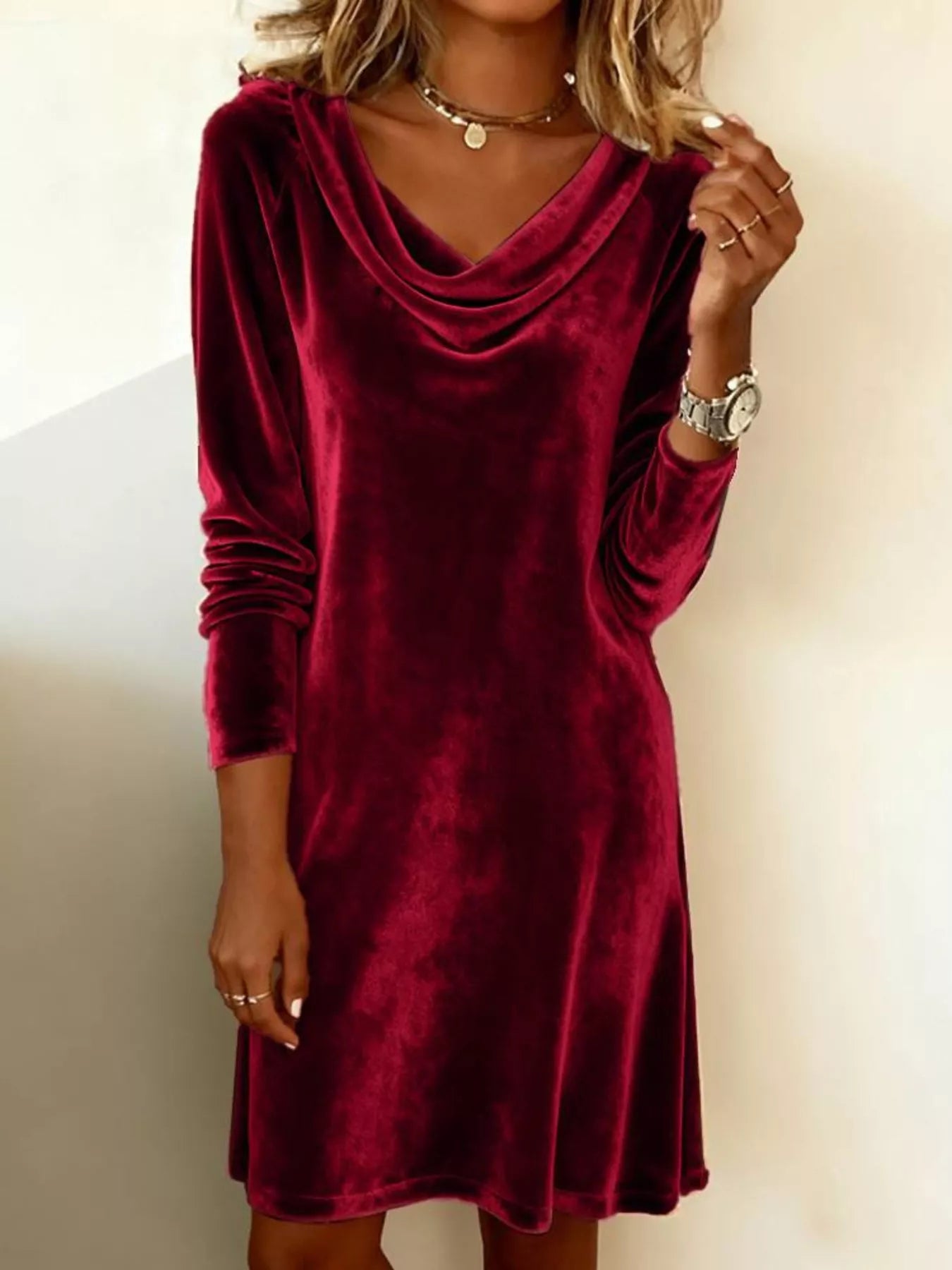 Sarah Express Women's Velvet Cowl Neck Long Sleeve Mini Dress Wine Red