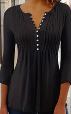 Sarah Express Button Front Ruched Blouse Women's Crew Neck Casual Top
