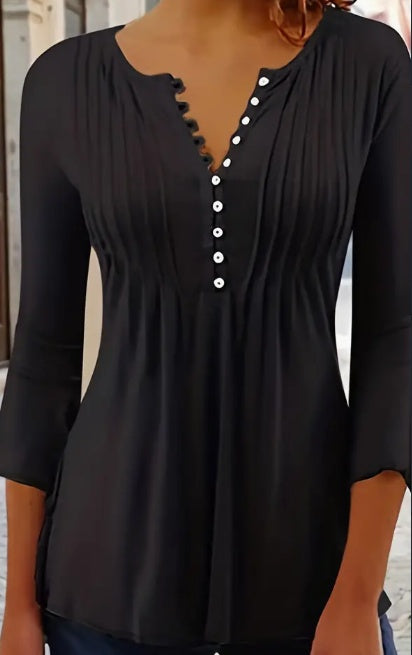 Sarah Express Button Front Ruched Blouse Women's Crew Neck Casual Top