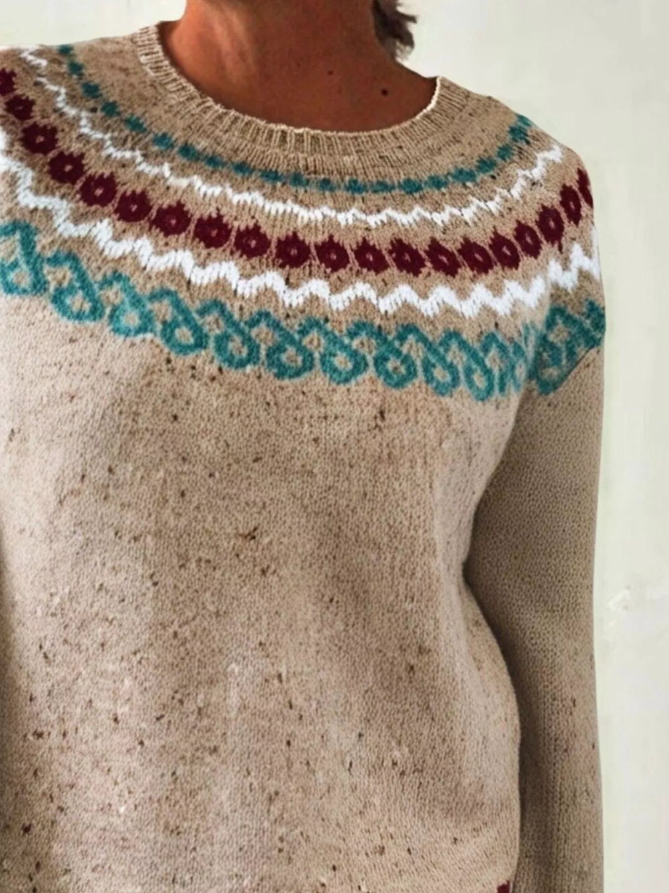 Sarah Express Women's Vintage Patterned Round Neck Sweater Plus Size