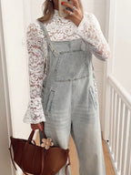 Sarah Express Women's Lace Crochet Bell Sleeve Mock Neck Blouse