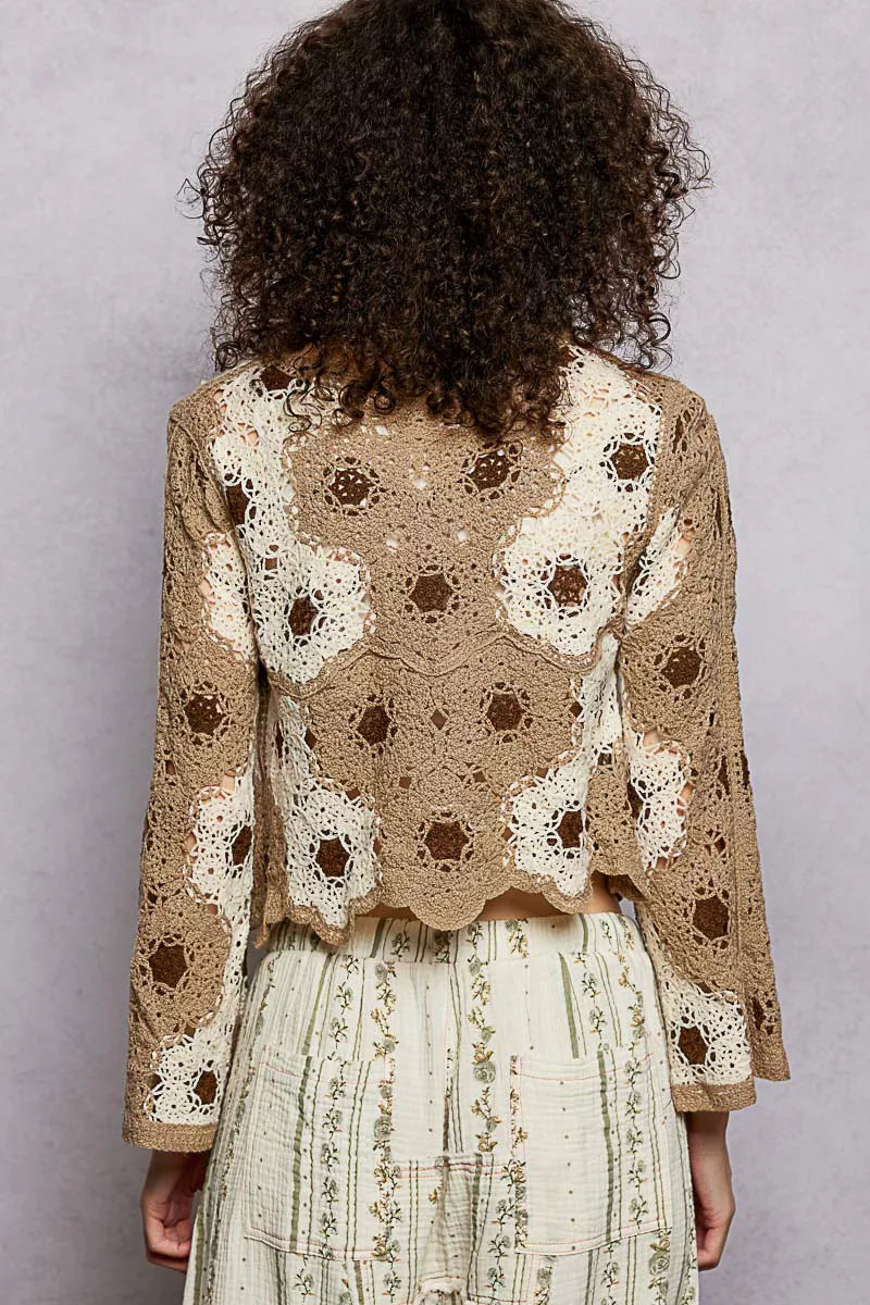 Sarah Express Women's Floral Weave Pattern Crochet Cropped Top with Beads Detail