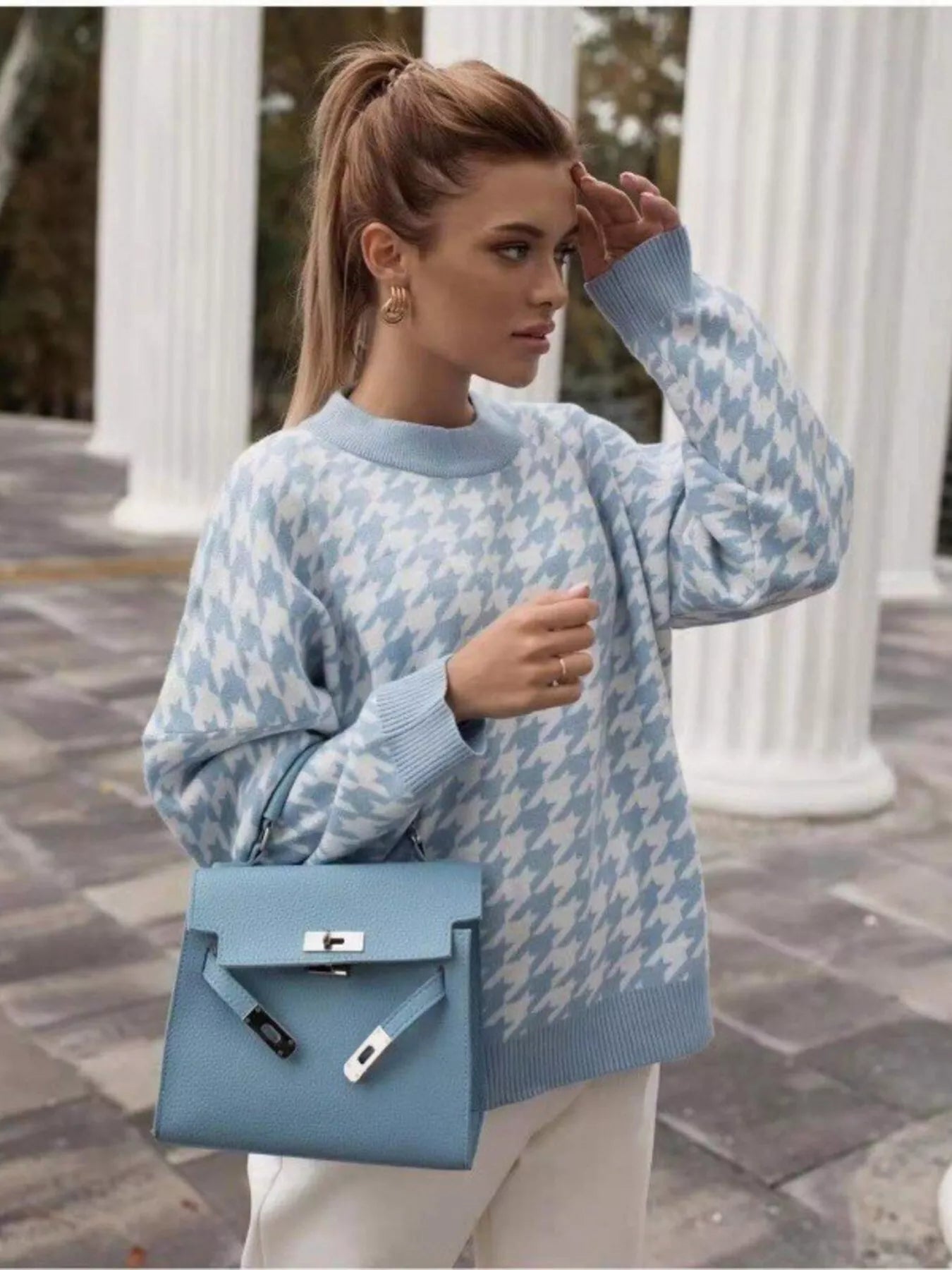 Sarah Express Women's Houndstooth Oversized Sweater Plus Size - Cozy Knit Pullover Blue