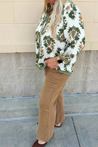 Sarah Express Women's Plus Size Floral Patchwork Blouse with Tassel Tie 3/4 Sleeve