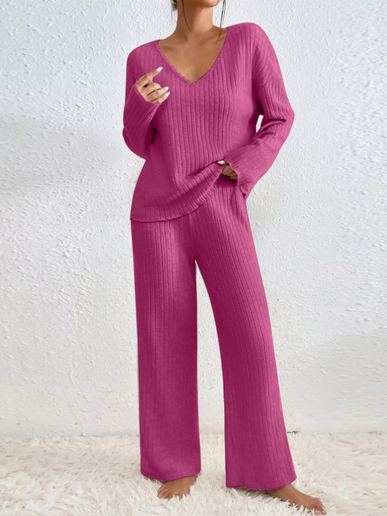 Sarah Express Women's Ribbed V-Neck Top and Pants Lounge Set - Two Piece Outfit Hot Pink