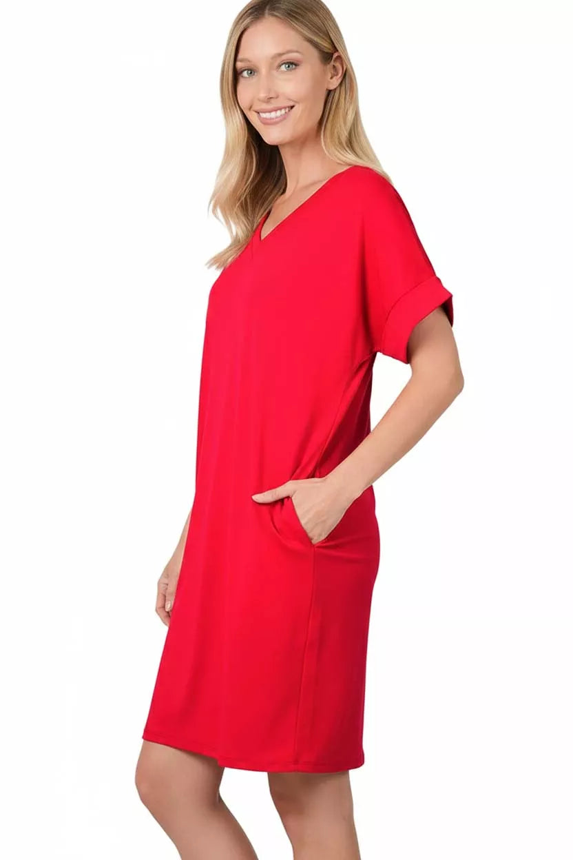 Sarah Express Women's Brushed DTY V-Neck Dress - Soft Rolled Short Sleeve Casual Dress