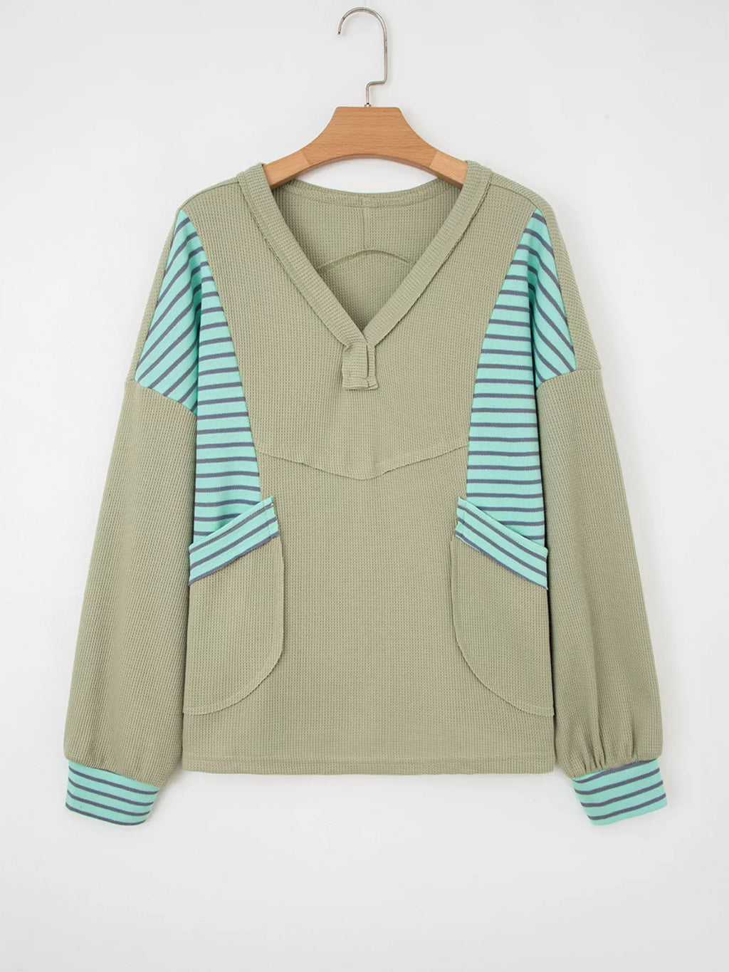 Sarah Express Women's Exposed Seam Waffle Striped Patchwork Baggy Blouse