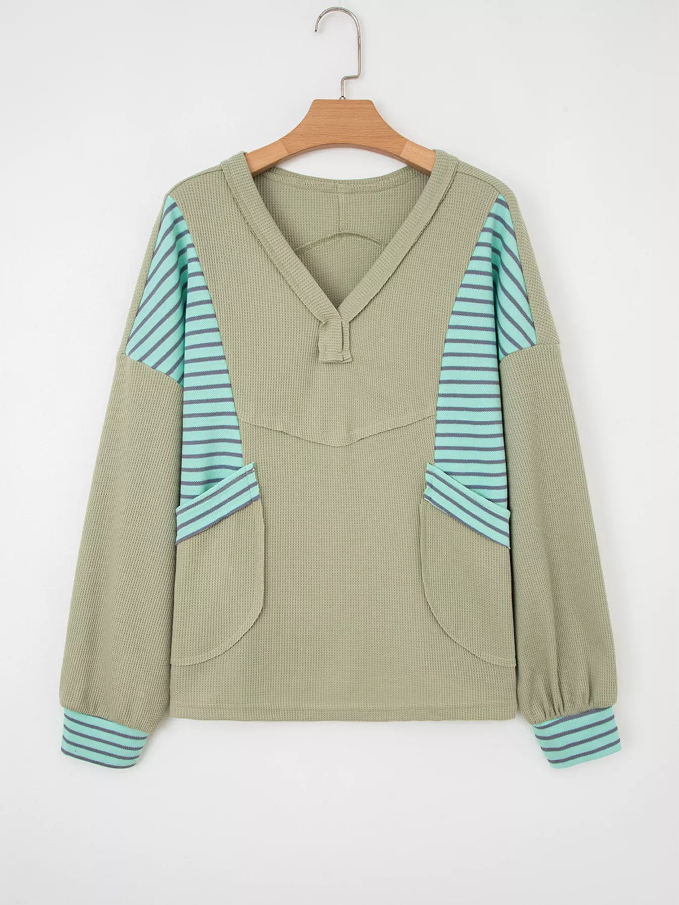 Sarah Express Women's Exposed Seam Waffle Striped Patchwork Baggy Blouse